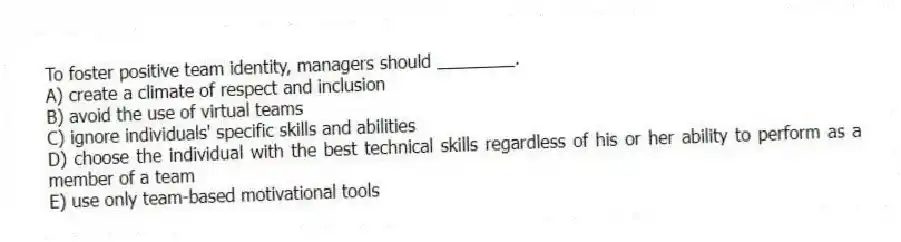 To foster positive team identity, managers should ________.
A) create a climate of respect and inclusion
B) avoid the use of virtual teams
C) ignore individuals' specific skills and abilities
D) choose the individual with the best technical skills regardless of his or her ability to perform as a member of a team
E) use only team-based motivational tools