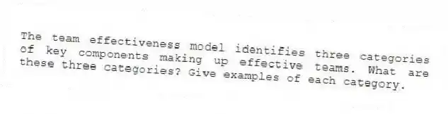 The team effectiveness model identifies three categories of key components making up effective teams. What are these three categories? Give examples of each category.