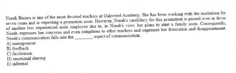 Norah Baines is one of the most devoted teachers at Oakwood Academy. She has been working with the institution for seven years and is expecting a promotion soon. However, Norah's candidacy for this promotion is passed over in favor of another less experienced male employee due to, in Norah's view, her plans to start a family soon. Consequently, Norah expresses her concerns and even complains to other teachers and expresses her frustration and disappointment. Norah's communication falls into the ________ aspect of communication.
A) management
B) feedback
C) facilitation
D) emotional sharing
E) informal