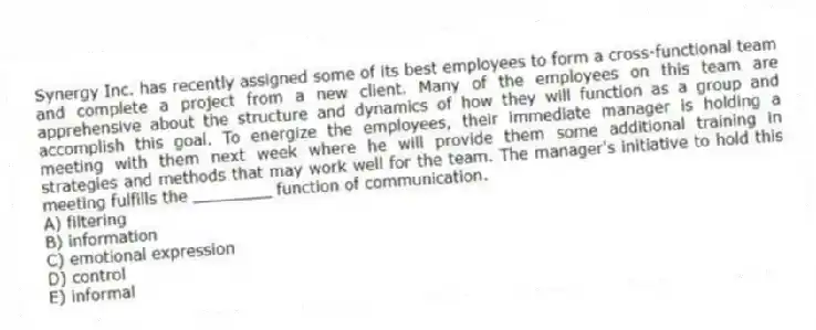 Synergy Inc. has recently assigned some of its best employees to form a cross-functional team and complete a project from a new client. Many of the employees on this team are apprehensive about the structure and dynamics of how they will function as a group and accomplish this goal. To energize the employees, their immediate manager is holding a meeting with them next week where he will provide them some additional training in strategies and methods that may work well for the team. The manager's initiative to hold this meeting fulfills the ________ function of communication.
A) filtering
B) information
C) emotional expression
D) control
E) informal