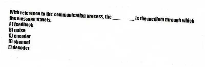 With reference to the communication process, the ________ is the medium through which the message travels.
A) feedback
B) noise
C) encoder
D) channel
E) decoder