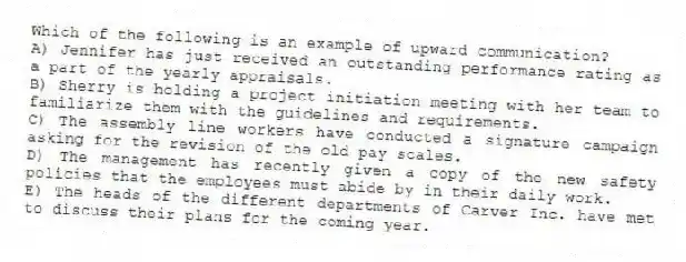 Which of the following is an example of upward communication?
A) Jennifer has just received an outstanding performance rating as a part of the yearly appraisals.
B) Sherry is holding a project initiation meeting with her team to familiarize them with the guidelines and requirements.
C) The assembly line workers have conducted a signature campaign asking for the revision of the old pay scales.
D) The management has recently given a copy of the new safety policies that the employees must abide by in their daily work.
E) The heads of the different departments of Carver Inc. have met to discuss their plans for the coming year.