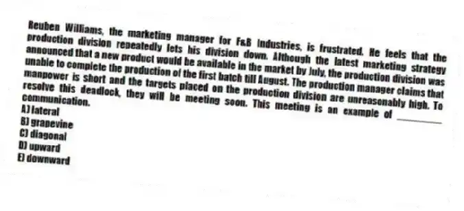 Reuben Williams, the marketing manager for F&B Industries, is frustrated. He feels that the production division repeatedly lets his division down. Although the latest marketing strategy announced that a new product would be available in the market by July, the production division was unable to complete the production of the first batch till August. The production manager claims that manpower is short and the targets placed on the production division are unreasonably high. To resolve this deadlock, they will be meeting soon. This meeting is an example of ________ communication.
A) lateral
B) grapevine
C) diagonal
D) upward
E) downward