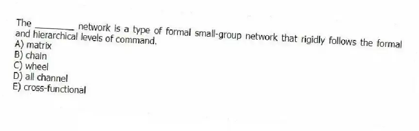 The ________ network is a type of formal small-group network that rigidly follows the formal and hierarchical levels of command.
A) matrix
B) chain
C) wheel
D) all channel
E) cross-functional