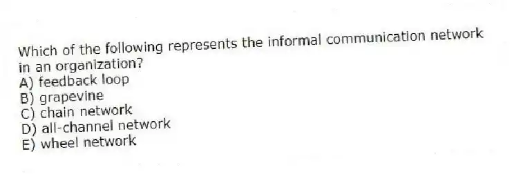 Which of the following represents the informal communication network in an organization?
A) feedback loop
B) grapevine
C) chain network
D) all-channel network
E) wheel network