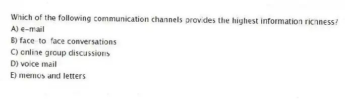 Which of the following communication channels provides the highest information richness?
A) e-mail
B) face-to-face conversations
C) online group discussions
D) voice mail
E) memos and letters