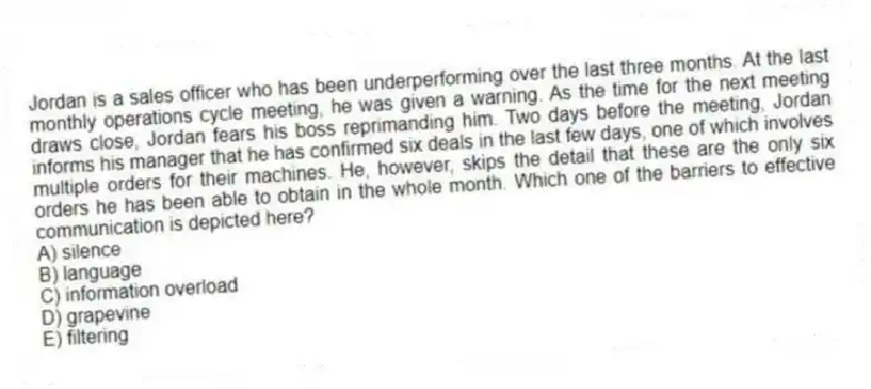 Jordan is a sales officer who has been underperforming over the last three months. At the last monthly operations cycle meeting, he was given a warning. As the time for the next meeting draws close, Jordan fears his boss reprimanding him. Two days before the meeting, Jordan informs his manager that he has confirmed six deals in the last few days, one of which involves multiple orders for their machines. He, however, skips the detail that these are the only six orders he has been able to obtain in the whole month. Which one of the barriers to effective communication is depicted here?
A) silence
B) language
C) information overload
D) grapevine
E) filtering