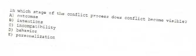 In which stage of the conflict process does conflict become visible?
A) outcomes
B) intentions
C) incompatibility
D) behavior
E) personalization