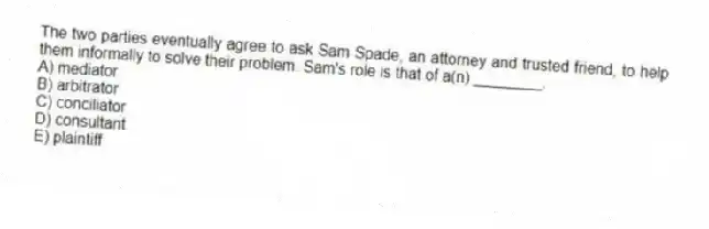 The two parties eventually agree to ask Sam Spade, an attorney and trusted friend, to help them informally to solve their problem. Sam's role is that of a(n) ________.
A) mediator
B) arbitrator
C) conciliator
D) consultant
E) plaintiff