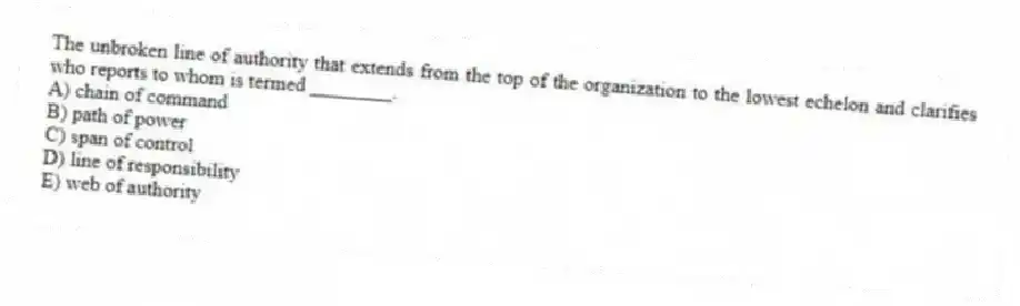 The unbroken line of authority that extends from the top of the organization to the lowest echelon and clarifies who reports to whom is termed ________.
A) chain of command
B) path of power
C) span of control
D) line of responsibility
E) web of authority