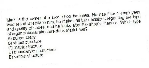 Mark is the owner of a local shoe business. He has fifteen employees who report directly to him, he makes all the decisions regarding the type and quality of shoes, and he looks after the shop's finances. Which type of organizational structure does Mark have?
A) bureaucracy
B) virtual structure
C) matrix structure
D) boundaryless structure
E) simple structure