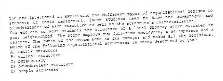 You are interested in explaining the different types of organizational designs to students of basic management. These students need to know the advantages and disadvantages of each structure as well as the structure's characteristics.
-You explain to your students the structure of a local grocery store situated in your neighborhood. The store employs two full-time employees, a salesperson and a cashier. The owner of the store acts as its manager and makes all the decisions. Which of the following organizational structures is being described by you?
A) matrix structure
B) virtual structure
C) bureaucracy
D) boundaryless structure
E) simple structure