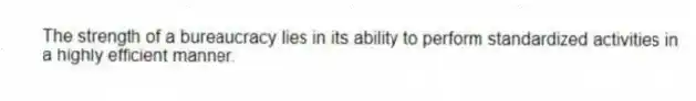 The strength of a bureaucracy lies in its ability to perform standardized activities in a highly efficient manner.