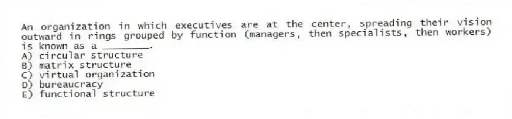 An organization in which executives are at the center, spreading their vision outward in rings grouped by function (managers, then specialists, then workers) is known as a ________.
A) circular structure
B) matrix structure
C) virtual organization
D) bureaucracy
E) functional structure