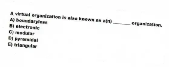 A virtual organization is also known as a(n) ________ organization.
A) boundaryless
B) electronic
C) modular
D) pyramidal
E) triangular
