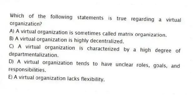 Which of the following statements is true regarding a virtual organization?
A) A virtual organization is sometimes called matrix organization.
B) A virtual organization is highly decentralized.
C) A virtual organization is characterized by a high degree of departmentalization.
D) A virtual organization tends to have unclear roles, goals, and responsibilities.
E) A virtual organization lacks flexibility.