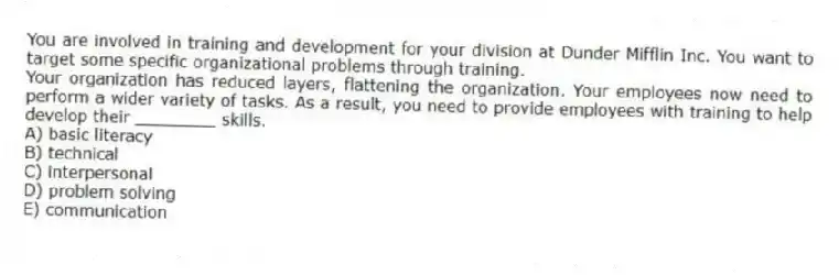 You are involved in training and development for your division at Dunder Mifflin Inc. You want to target some specific organizational problems through training.
-Your organization has reduced layers, flattening the organization. Your employees now need to perform a wider variety of tasks. As a result, you need to provide employees with training to help develop their ________ skills.
A) basic literacy
B) technical
C) interpersonal
D) problem solving
E) communication
