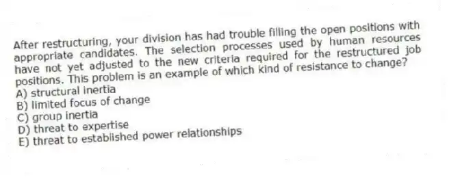 After restructuring, your division has had trouble filling the open positions with appropriate candidates. The selection processes used by human resources have not yet adjusted to the new criteria required for the restructured job positions. This problem is an example of which kind of resistance to change?
A) structural inertia
B) limited focus of change
C) group inertia
D) threat to expertise
E) threat to established power relationships