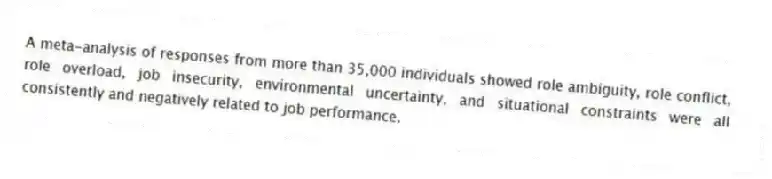 A meta-analysis of responses from more than 35,000 individuals showed role ambiguity, role conflict, role overload, job insecurity, environmental uncertainty, and situational constraints were all consistently and negatively related to job performance.