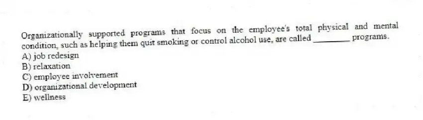 Organizationally supported programs that focus on the employee's total physical and mental condition, such as helping them quit smoking or control alcohol use, are called ________ programs.
A) job redesign
B) relaxation
C) employee involvement
D) organizational development
E) wellness
