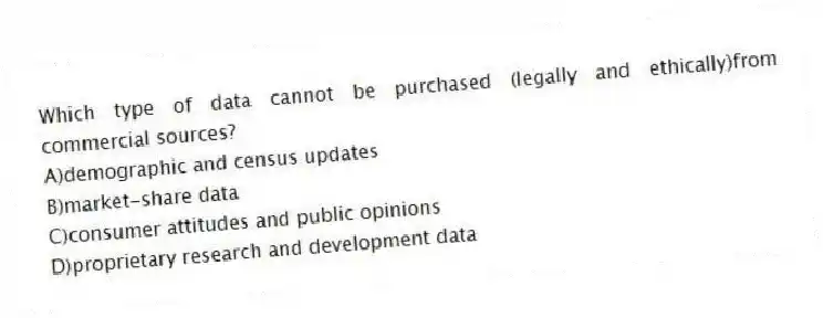 Which type of data cannot be purchased (legally and ethically)from commercial sources?
A)demographic and census updates
B)market-share data
C)consumer attitudes and public opinions
D)proprietary research and development data