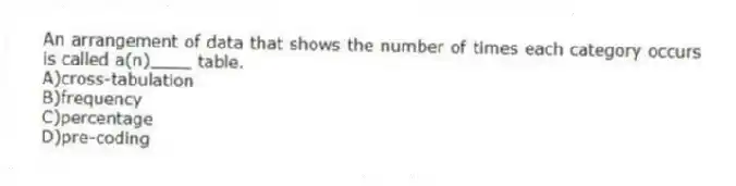 An arrangement of data that shows the number of times each category occurs is called a(n)____ table.
A)cross-tabulation
B)frequency
C)percentage
D)pre-coding