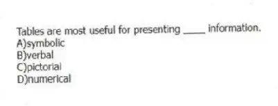 Tables are most useful for presenting ____ information.
A)symbolic
B)verbal
C)pictorial
D)numerical