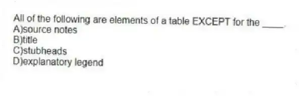 All of the following are elements of a table EXCEPT for the ____.
A)source notes
B)title
C)stubheads
D)explanatory legend