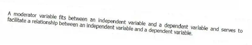 A moderator variable fits between an independent variable and a dependent variable and serves to facilitate a relationship between an independent variable and a dependent variable.