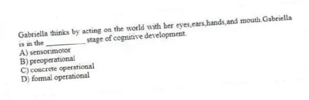 Gabriella thinks by acting on the world with her eyes,ears,hands,and mouth.Gabriella is in the __________ stage of cognitive development.
A) sensorimotor
B) preoperational
C) concrete operational
D) formal operational