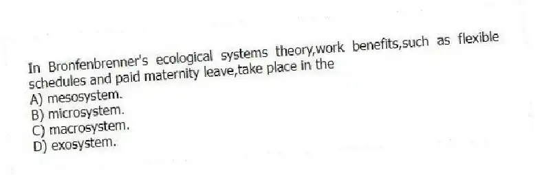 In Bronfenbrenner's ecological systems theory,work benefits,such as flexible schedules and paid maternity leave,take place in the
A) mesosystem.
B) microsystem.
C) macrosystem.
D) exosystem.