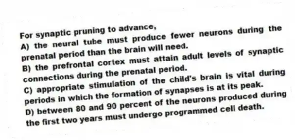 For synaptic pruning to advance,
A) the neural tube must produce fewer neurons during the prenatal period than the brain will need.
B) the prefrontal cortex must attain adult levels of synaptic connections during the prenatal period.
C) appropriate stimulation of the child's brain is vital during periods in which the formation of synapses is at its peak.
D) between 80 and 90 percent of the neurons produced during the first two years must undergo programmed cell death.