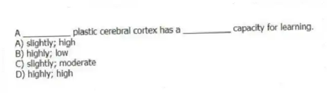 A __________ plastic cerebral cortex has a __________ capacity for learning.
A) slightly; high
B) highly; low
C) slightly; moderate
D) highly; high