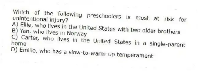 Which of the following preschoolers is most at risk for unintentional injury?
A) Ellie, who lives in the United States with two older brothers
B) Yan, who lives in Norway
C) Carter, who lives in the United States in a single-parent home
D) Emilio, who has a slow-to-warm-up temperament