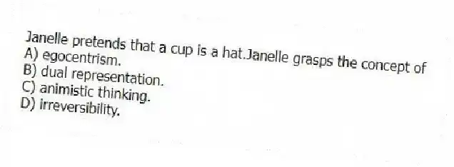 Janelle pretends that a cup is a hat.Janelle grasps the concept of
A) egocentrism.
B) dual representation.
C) animistic thinking.
D) irreversibility.
