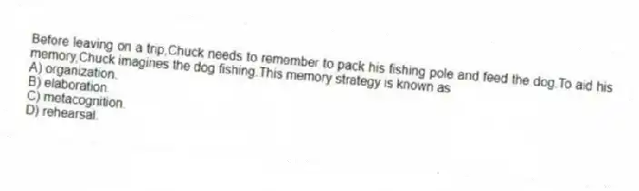 Before leaving on a trip,Chuck needs to remember to pack his fishing pole and feed the dog.To aid his memory,Chuck imagines the dog fishing.This memory strategy is known as
A) organization.
B) elaboration.
C) metacognition.
D) rehearsal.