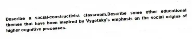 Describe a social-constructivist classroom.Describe some other educational themes that have been inspired by Vygotsky's emphasis on the social origins of higher cognitive processes.