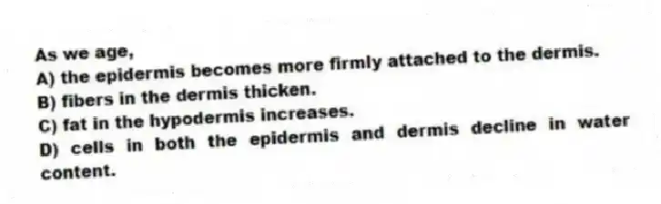 As we age,
A) the epidermis becomes more firmly attached to the dermis.
B) fibers in the dermis thicken.
C) fat in the hypodermis increases.
D) cells in both the epidermis and dermis decline in water content.