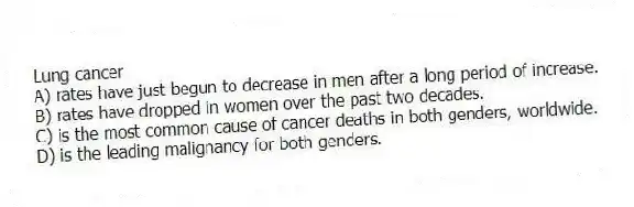 Lung cancer
A) rates have just begun to decrease in men after a long period of increase.
B) rates have dropped in women over the past two decades.
C) is the most common cause of cancer deaths in both genders, worldwide.
D) is the leading malignancy for both genders.