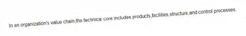 In an organization's value chain,the technical core includes products,facilities,structure,and control processes.
