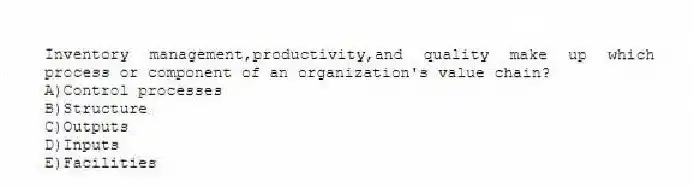 Inventory management,productivity,and quality make up which process or component of an organization's value chain?
A)Control processes
B)Structure
C)Outputs
D)Inputs
E)Facilities