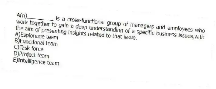 A(n)_________ is a cross-functional group of managers and employees who work together to gain a deep understanding of a specific business issues,with the aim of presenting insights related to that issue.
A)Espionage team
B)Functional team
C)Task force
D)Project team
E)Intelligence team