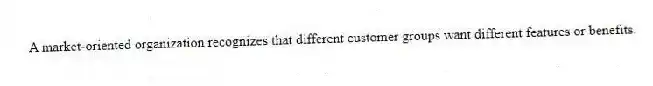 A market-oriented organization recognizes that different customer groups want different features or benefits.