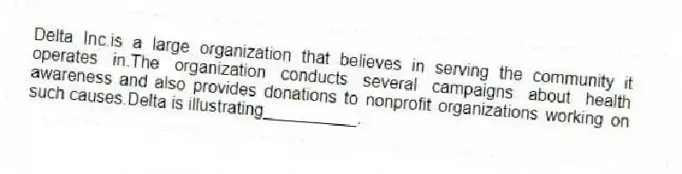 Delta Inc.is a large organization that believes in serving the community it operates in.The organization conducts several campaigns about health awareness and also provides donations to nonprofit organizations working on such causes.Delta is illustrating__________.