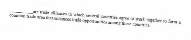 __________are trade alliances in which several countries agree to work together to form a common trade area that enhances trade opportunities among those countries.