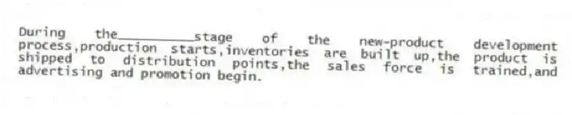 During the__________stage of the new-product development process,production starts,inventories are built up,the product is shipped to distribution points,the sales force is trained,and advertising and promotion begin.