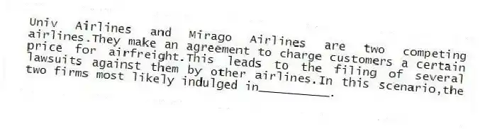 Univ Airlines and Mirago Airlines are two competing airlines.They make an agreement to charge customers a certain price for airfreight.This leads to the filing of several lawsuits against them by other airlines.In this scenario,the two firms most likely indulged in__________.