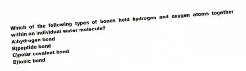 Which of the following types of bonds hold hydrogen and oxygen atoms together within an individual water molecule?
A)hydrogen bond
B)peptide bond
C)polar covalent bond
D)ionic bond