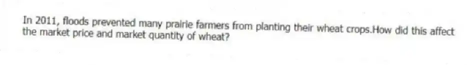 In 2011, floods prevented many prairie farmers from planting their wheat crops.How did this affect the market price and market quantity of wheat?