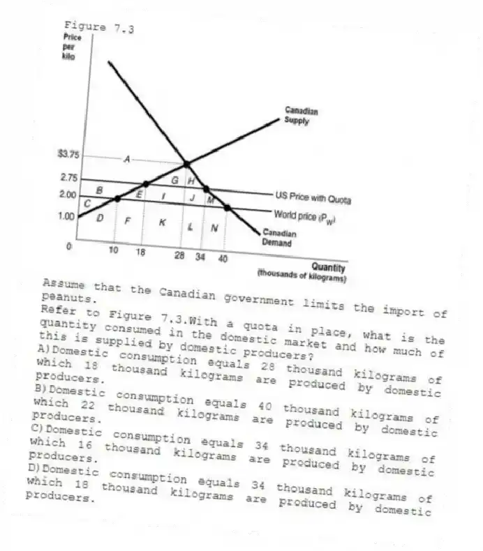 Figure 7.3
Assume that the Canadian government limits the import of peanuts.
-Refer to Figure 7.3.With a quota in place, what is the quantity consumed in the domestic market and how much of this is supplied by domestic producers?
A)Domestic consumption equals 28 thousand kilograms of which 18 thousand kilograms are produced by domestic producers.
B)Domestic consumption equals 40 thousand kilograms of which 22 thousand kilograms are produced by domestic producers.
C)Domestic consumption equals 34 thousand kilograms of which 16 thousand kilograms are produced by domestic producers.
D)Domestic consumption equals 34 thousand kilograms of which 18 thousand kilograms are produced by domestic producers.